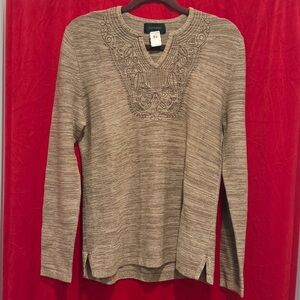 Express Men’s Small Boho Embroidered Jacquard V-Neck Sweater Taupe Artisan